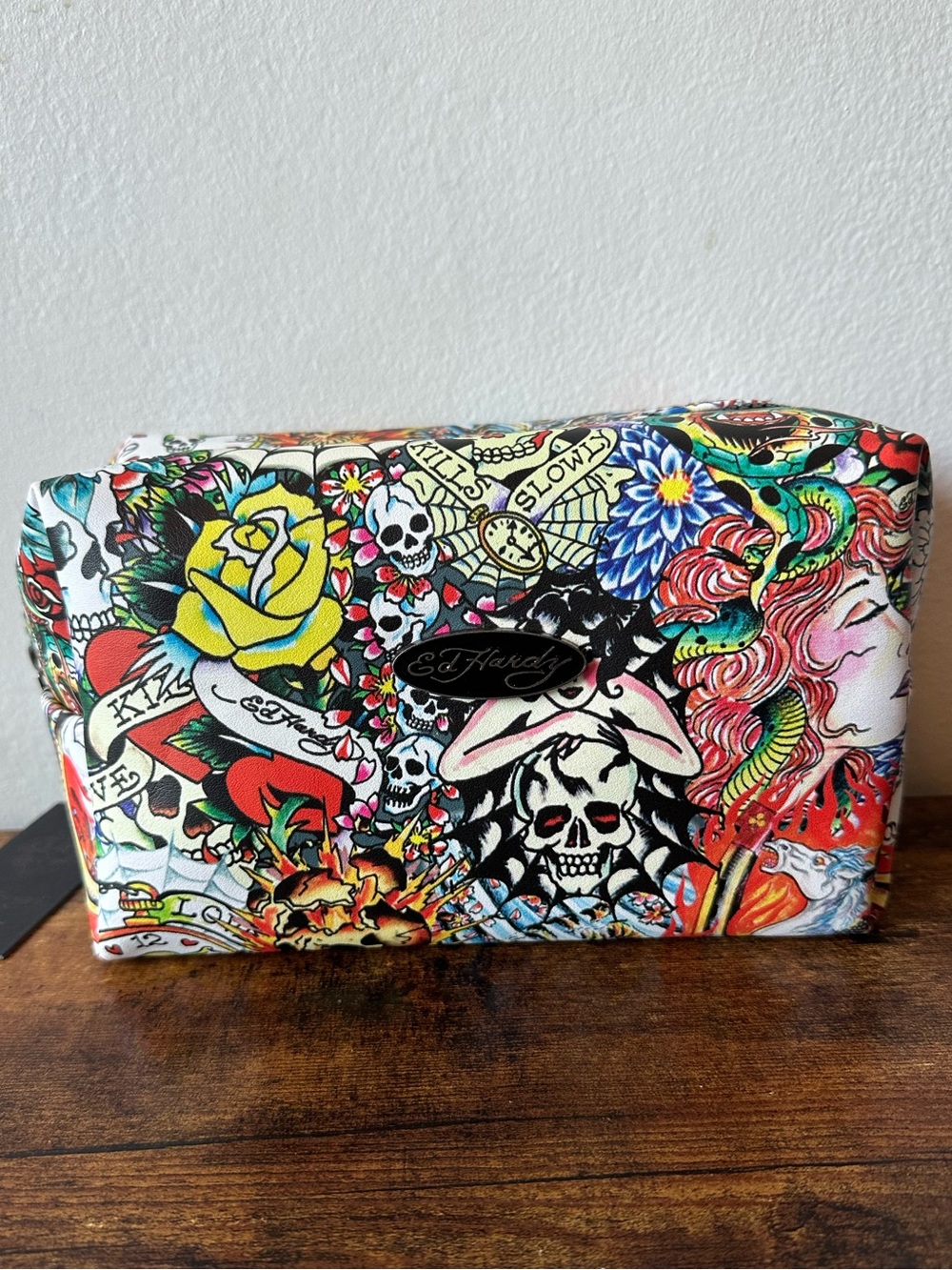 Ed Hardy Colorful Tattoo-Print Makeup Cosmetic Bag Toiletry Pouch Colorful NWT